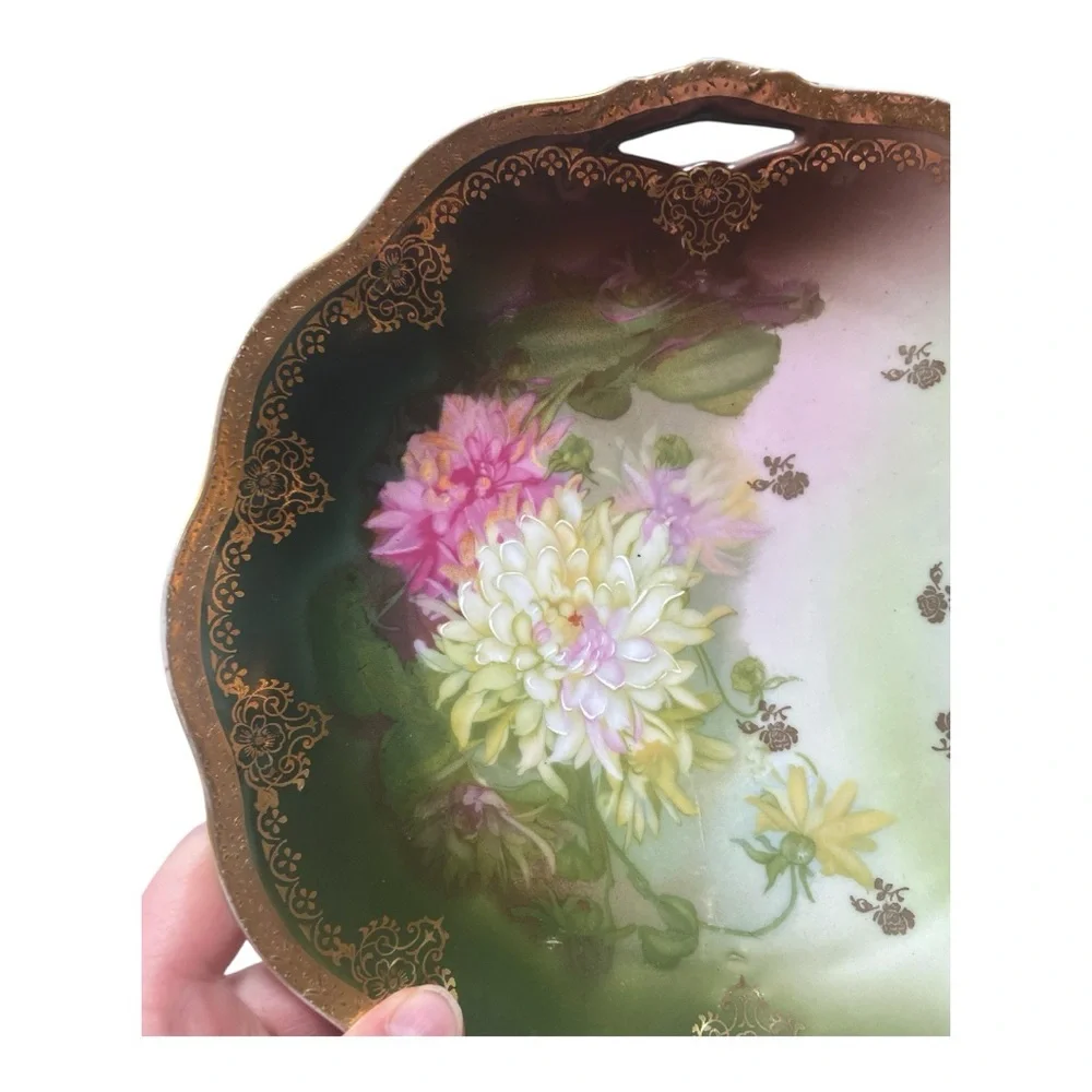 Antique Z.S. & Co Bavaria Hand Painted Green Floral Porcelain Plate Gold Handle